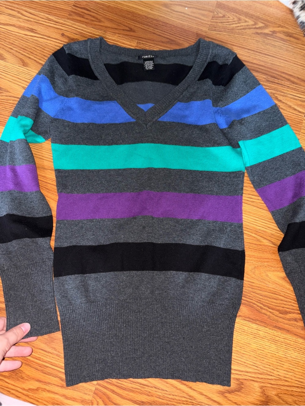 Rue21 Men's Gray V-Neck Sweater with Blue, Teal, Purple & Black Stripes